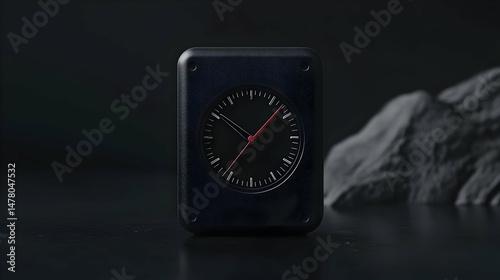 Dark rectangular clock, minimal design.  Features a clean face and red hands, placed on a dark surface with dark gray rocks in the background