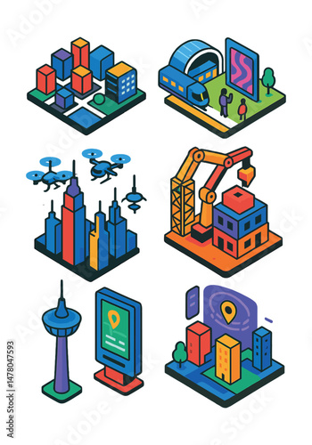 Isometric flat vector icons of Cityscape Evolution: city grid from above, hybrid transportation hub, public space with digital art, skyline with drone traffic, automated construction site,