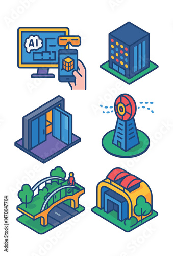 Isometric flat vector icons of Architectural Innovation: AI-generated floor plan, augmented reality site preview, interactive façade lighting, retractable glass wall, smart ventilation tower,
