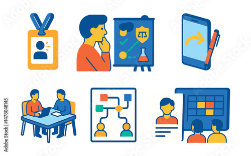 Isometric flat vector icons of Startup Incubation: incubator mentor badge, validation experiment board, startup legal checklist, business pivot screen, founder workshop table, collaborative strategy