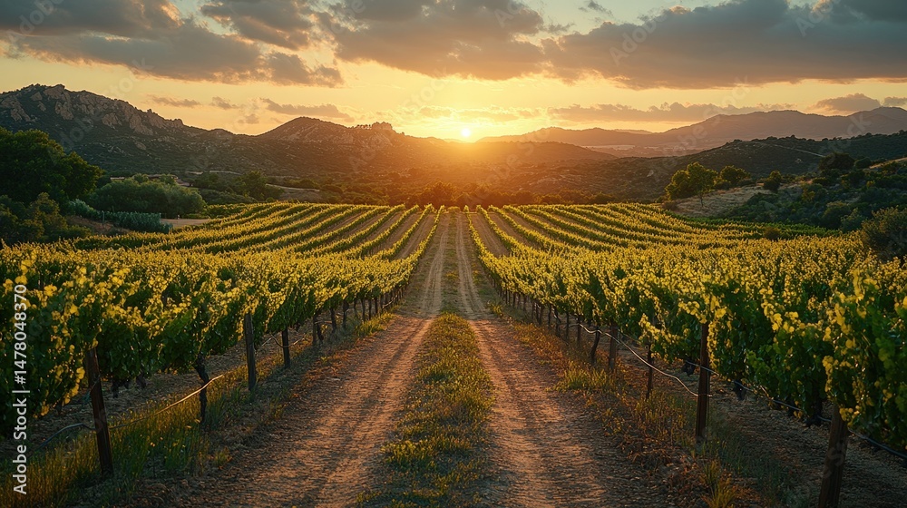 Fototapeta premium Scenic vineyard landscape at golden hour sunrise.