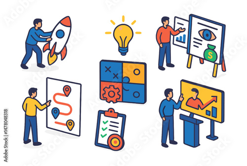 Isometric flat vector icons of Entrepreneurial Ventures: founder launching product, business idea lightbulb, startup funding pitch, new venture roadmap, innovation planning board, founder vision