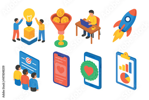 Isometric flat vector icons of Entrepreneurial Ventures: innovation competition stage, startup funding funnel, solo entrepreneur desk, fast growth rocket icon, team mission wall, startup validation
