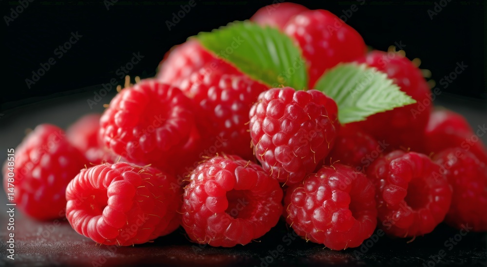 Fresh and Vibrant Raspberries Arranged With Green Leaves on a Dark Surface