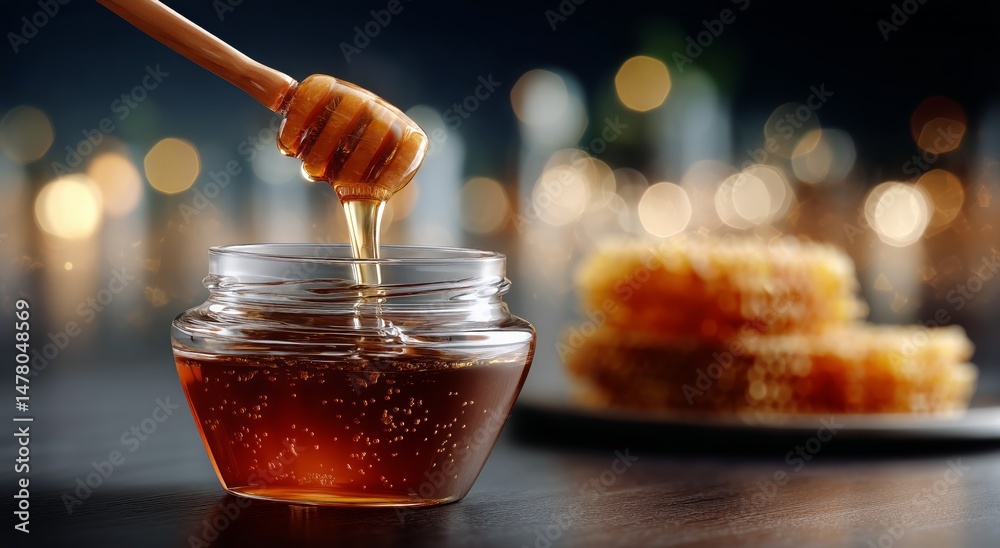Golden Honey Drips From Wooden Dipper Into Jar With Honeycomb Nearby in Warm Ambient Light