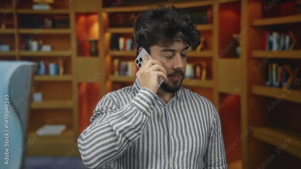 Young man with beard talking on phone in a library, surrounded by books, wearing striped shirt, focusing intently, creating an intellectual indoor atmosphere. Young man with beard talking on phone in a library, surrounded by books, wearing striped shirt, focusing intently, creating an intellectual indoor atmosphere.