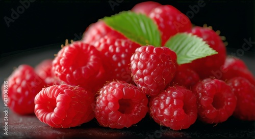 Obraz na płótnie Fresh and Vibrant Raspberries Arranged With Green Leaves on a Dark Surface w salonie