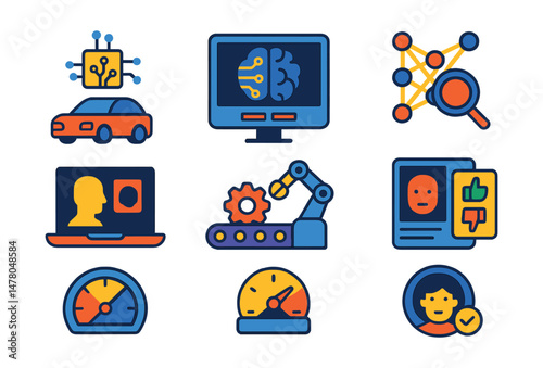 Isometric flat vector of AI Development: autonomous system logic, AI knowledge base interface, model architecture explorer, deep fake detector, intelligent automation pipeline, sentiment analysis AI,