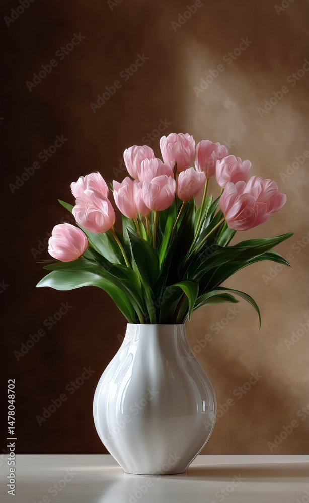 Delicate Pink Tulips Arranged in a Simple White Vase on a Wooden Table Indoors