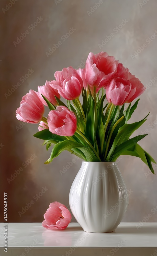 Beautiful Pink Tulips Arranged in a White Vase on a Simple Table With a Decorative Golden Bowl