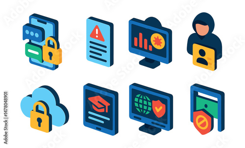 Isometric flat vector of Cybersecurity Essentials: encrypted chat interface, security incident report, data breach statistics screen, identity theft icon, secured cloud environment, cyber awareness