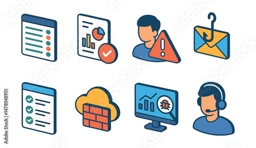 Isometric flat vector of Cybersecurity Essentials: network access control list, security audit report, insider threat alert, phishing test email, compliance checklist, SOC analyst avatar, cloud