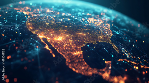 North america continent digital network visualization representing connectivity and technology infrastructure with glowing dots and lines