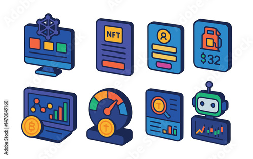 Isometric flat vector icons of Digital Finance & Cryptocurrencies: financial dApp homepage, NFT whitelist form, Web3 sign-in box, gas fee estimator, decentralized portfolio tracker, token supply