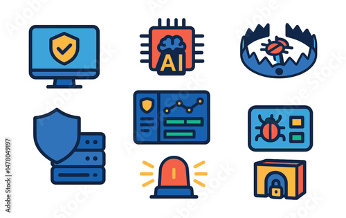 Isometric flat vector icons of Cyber Defense Systems: endpoint defense software, AI-powered threat blocker, cybersecurity operations dashboard, advanced malware trap, internal network shield, cyber