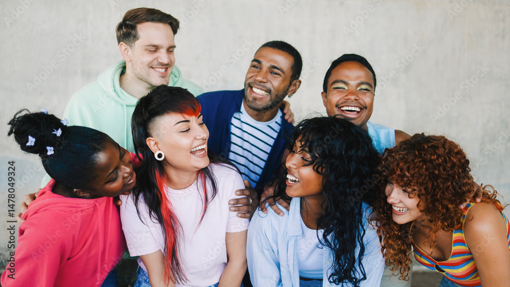 Fototapeta premium Diverse group of friends having fun smiling outdoor in summer day. Young people celebrate holiday vacations outside