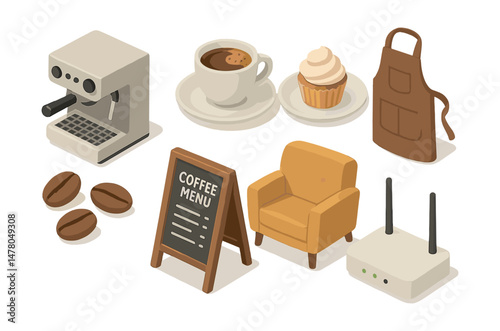 Isometric flat vector set of illustrations of coffee shop experience: espresso machine, coffee cup, pastry plate, barista apron, coffee beans, chalkboard menu, cozy chair, wifi router. Illustrations