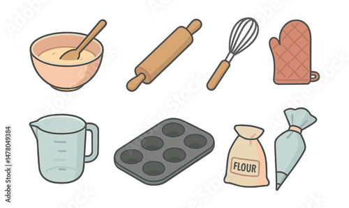 Isometric flat vector set of illustrations of baking at home: mixing bowl, rolling pin, whisk, oven mitt, measuring cup, cupcake tray, flour sack, piping bag. Illustrations isolated transparent