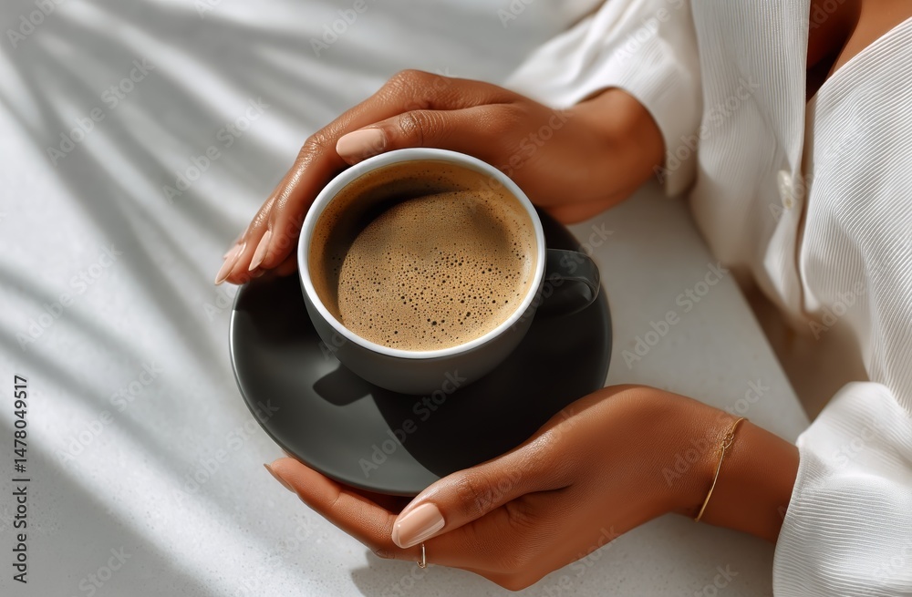 Warm Cup of Coffee Held in Hands on a Light Surface During Morning Relaxation