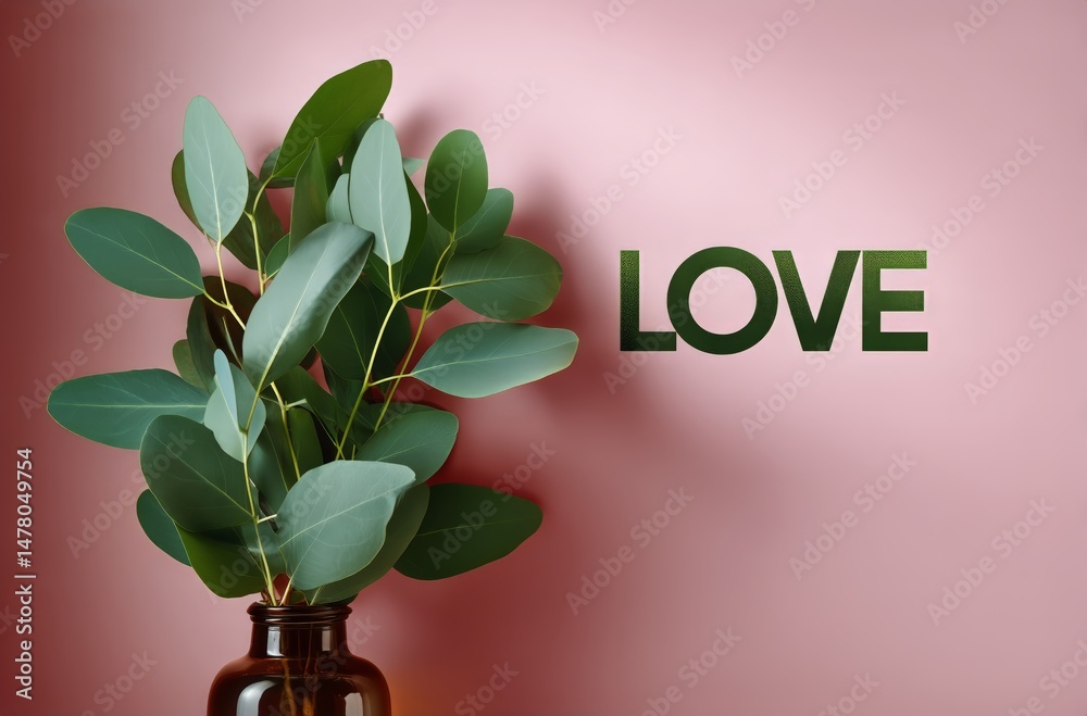 Green Leaves in Brown Vase With Love Text on Pastel Wall for Warm Ambiance Decor