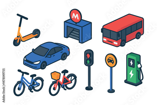 Isometric flat vector set of illustrations of urban transport: electric scooter, ride-share car, metro station, public bus, city bike, crosswalk light, taxi stop, EV charging station.