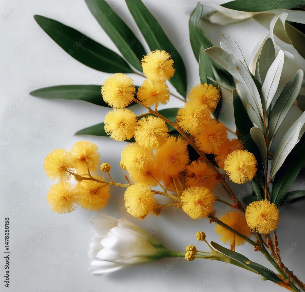 Bright Yellow Flowers and Green Foliage Arranged on a Marble Surface for a Spring Display