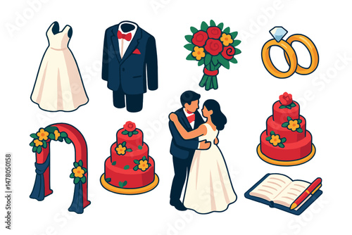 Isometric flat vector set of illustrations of wedding day details: bridal gown, tuxedo, bouquet, wedding rings, decorated arch, wedding cake, first dance, guest book.