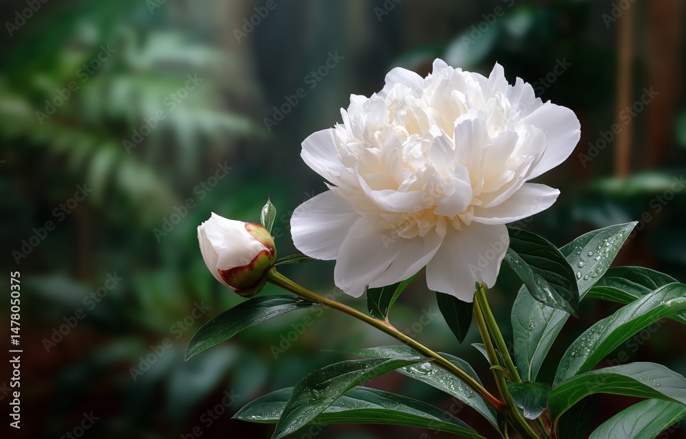 White Peony Bloom With Unopened Bud in Tranquil Garden Setting During Early Morning Light