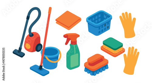 Isometric flat vector set of illustrations of home cleaning tools: vacuum cleaner, mop and bucket, microfiber cloth, cleaning spray, laundry basket, scrub brush, sponge tray, rubber gloves.