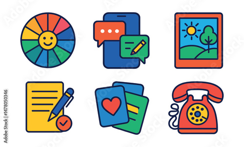 Isometric flat vector set of illustrations of mental health tools for teens: emotion wheel, support chat, journaling app, grounding exercise, therapy notes, coping cards, relaxation playlist, hotline