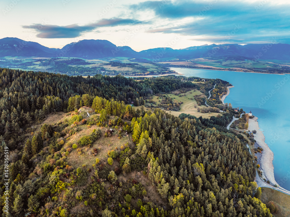 Liptov region with Tatras mountains around. Liptovska mara dam landscape, slovakia.