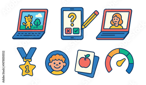 Isometric flat vector set of illustrations of e-learning for kids: animated story, interactive quiz, drawing tool, video lesson, level badge, fun avatar, vocabulary cards, progress meter.