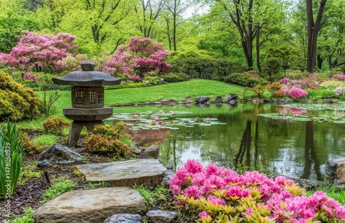 The Japanese Garden Kenrokuen, in Kanazawa, Japan, features a stone lantern