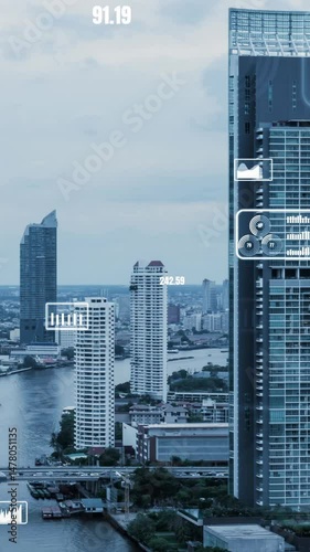 Business data analytic interface fly over smart city showing alteration future of business intelligence. Computer software and artificial intelligence are used to analyze big data for strategic plan .