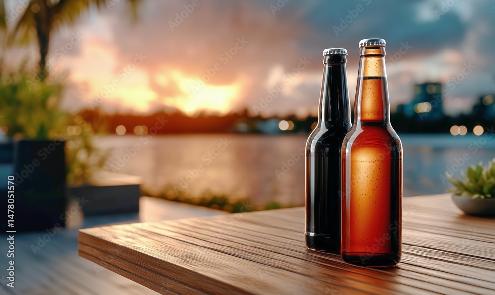 Evening Sunset by the Water With Two Bottles of Craft Beer on a Wooden Table