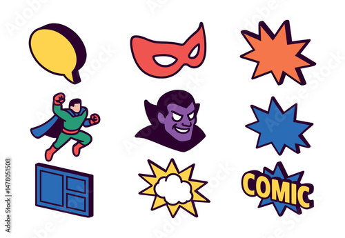 Isometric flat vector set of illustrations of comic book elements: speech bubble, superhero mask, action word panel, comic strip frame, dynamic pose, villain face, explosion shape, comic logo.