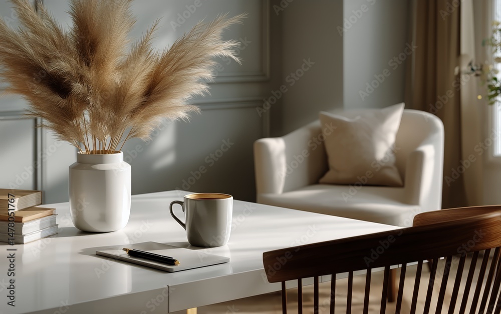 Stylish Workspace With Wooden Chair and Large Decorative Vase in Sunlit Room
