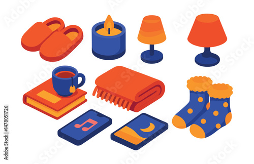 Isometric flat vector set of illustrations of cozy evening routine: warm slippers, candlelight, soft throw, book and tea, ambient lighting, bedtime playlist, low blue light screen, fuzzy socks.
