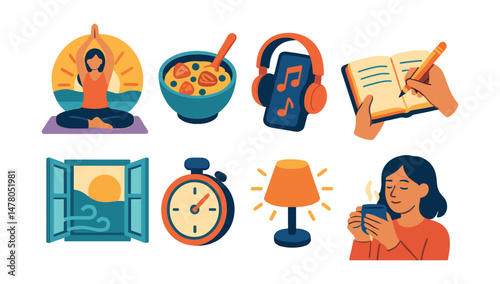 Isometric flat vector set of illustrations of peaceful morning habits: sunrise yoga, breakfast bowl, calm playlist, gratitude writing, open window breeze, stretch timer, warm light lamp, mindful sip.