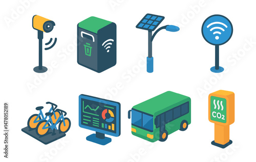 Isometric flat vector set of illustrations of urban smart city elements: traffic sensor, smart trash bin, solar streetlight, public Wi-Fi hub, bike rental dock, data dashboard, green bus, air quality