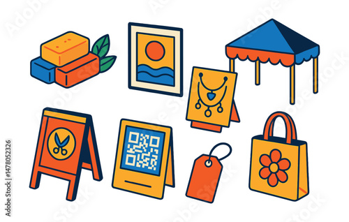 Isometric flat vector set of illustrations of local maker market: handmade soap, print art, jewelry display, vendor tent, craft signboard, payment QR code, tote bag, item tag.
