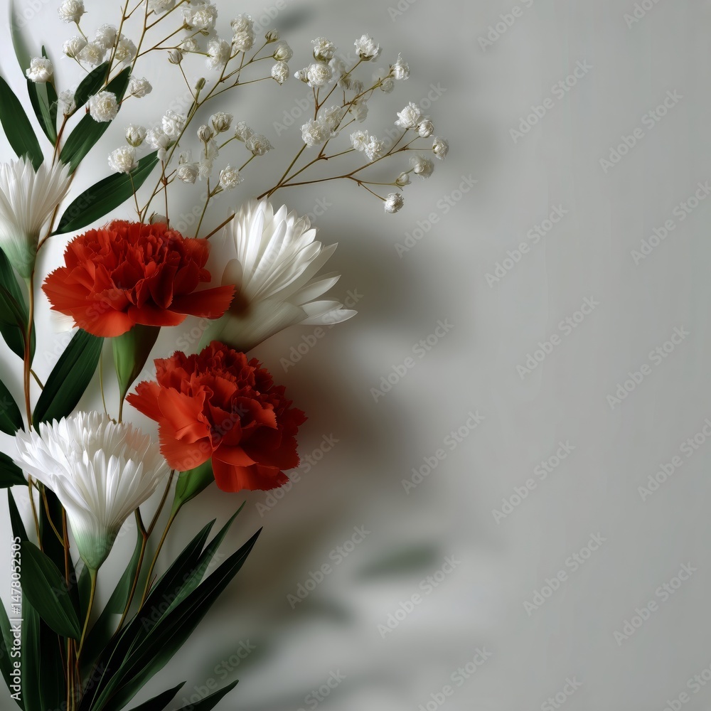Beautiful Arrangement of Red Carnations and White Flowers Against a Minimalist Backdrop