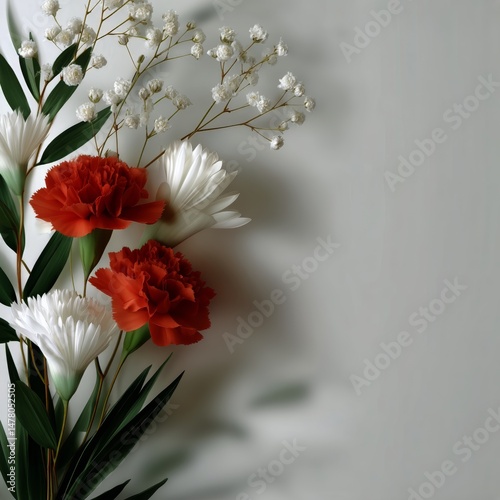 Obraz na płótnie Beautiful Arrangement of Red Carnations and White Flowers Against a Minimalist Backdrop w salonie
