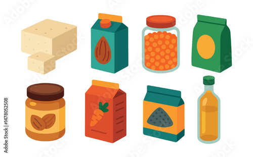 Isometric flat vector set of illustrations of plant-based kitchen staples: tofu block, almond milk, lentil jar, quinoa bag, nut butter, veggie broth, chia seeds, plant oil bottle.