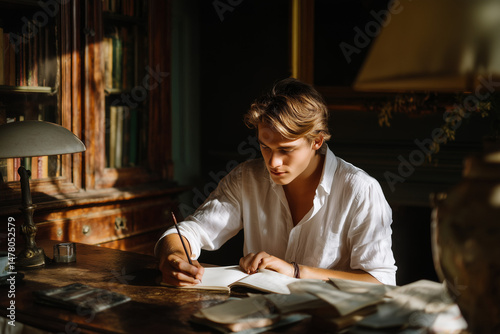  A young man journaling at a wooden desk with soft morning light.
