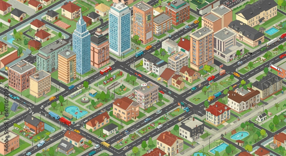 Fototapeta premium Cartoon cityscape Buildings roads vehicles green spaces
