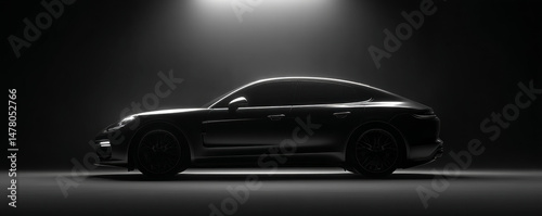 Sleek black car silhouette illuminated in a dramatic light setting.