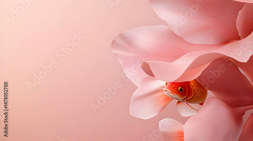 Delicate pink blossoms enfold a small, orange goldfish. Soft, pastel colors create a serene, peaceful atmosphere