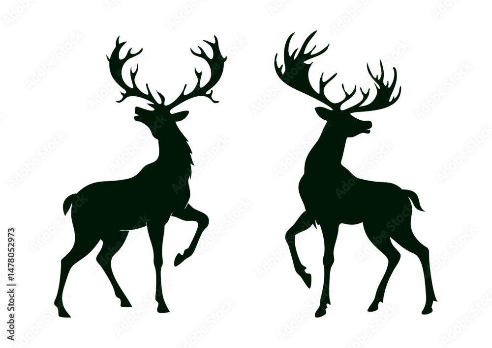 Obraz premium A set of elk or deer silhouettes. Collection of black deer icons.Logo of a deer.Dear simple icon.Reindeer vector symbols with white background