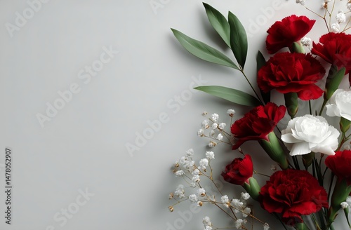 Bouquet of Red Roses and White Flowers Arranged on a Light Gray Surface With Green Leaves